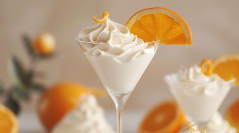 Aperol-Creme in einem Martiniglas, garniert mit einer Orangenscheibe.