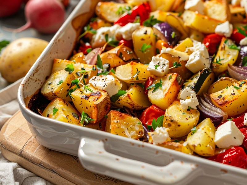 Feta-Kartoffeln mit Ofengemüse in einer weißen Auflaufform, mit Kräutern bestreut.