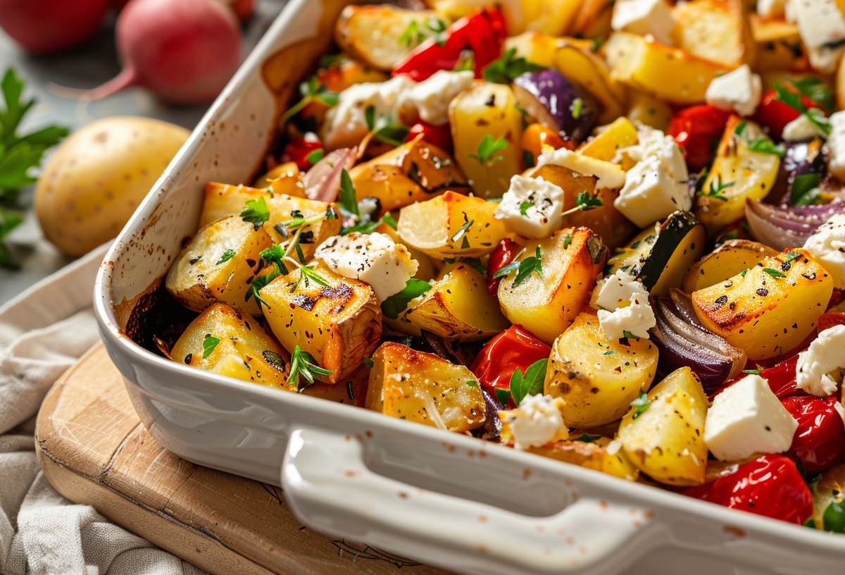 Feta-Kartoffeln mit Ofengemüse in einer weißen Auflaufform, mit Kräutern bestreut.