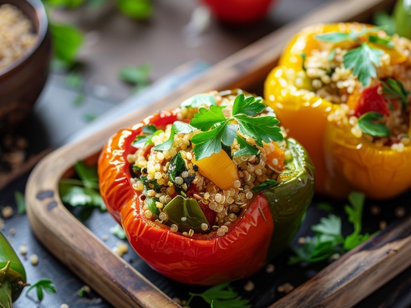 Gefüllte Paprika mit Quinoa auf braunem Brett.