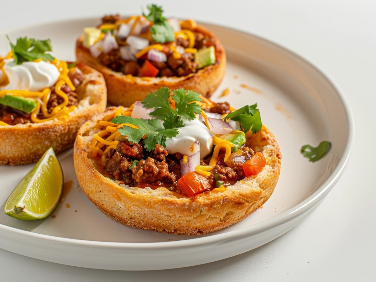 3 Gefüllte Toastbrötchen mit Chili con Carne auf einem weißen Teller, mit Käse und Schmand getoppt.