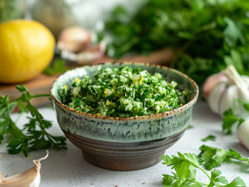 Eine Schüssel Gremolata, drumherum frische Petersilie, Zitronen und Knoblauch.