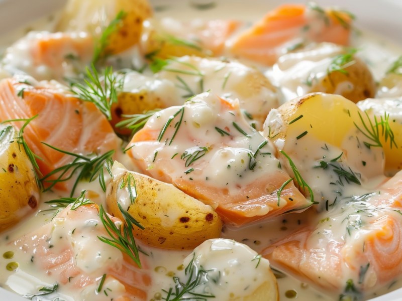 Teller mit Kartoffeln in Dill-Sahnesoße