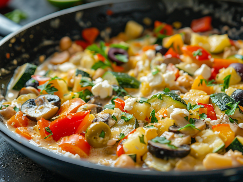 Mediterrane Gemüsepfanne mit Zucchini. Aubergine, Pilzen, Feta und weiteren Zutaten.