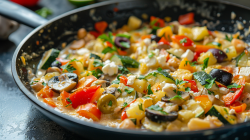 Mediterrane Gemüsepfanne mit Zucchini. Aubergine, Pilzen, Feta und weiteren Zutaten.