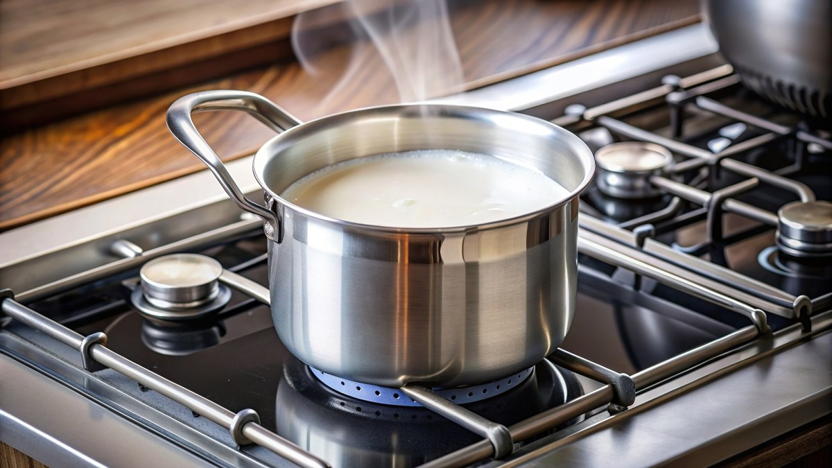 angebrannte Milch: Topf Milch auf einem Herd