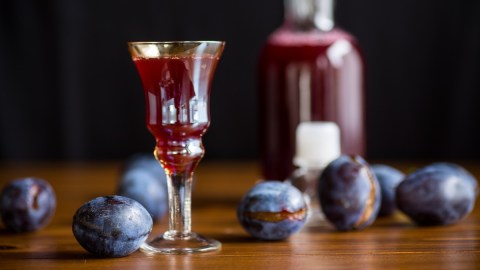 Pflaumenlikör in kleinem Glas auf dunklem Hintergrund.