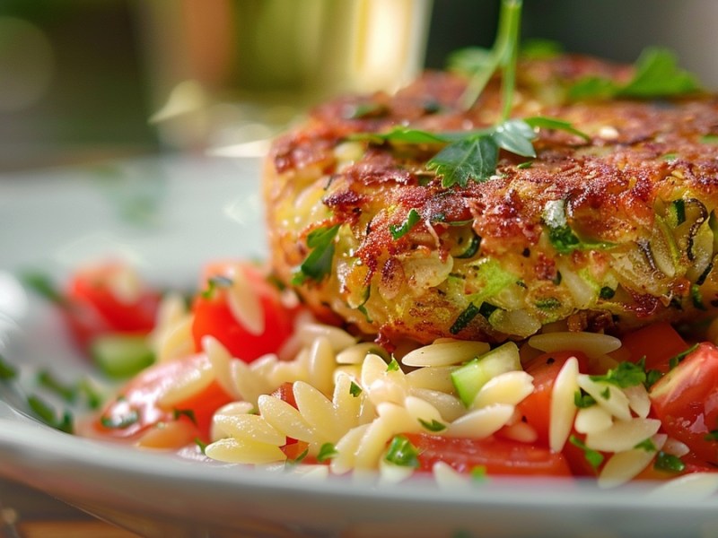 Das perfekte Abendessen mit Zucchini: Bratlinge mit Orzo-Tomatensalat