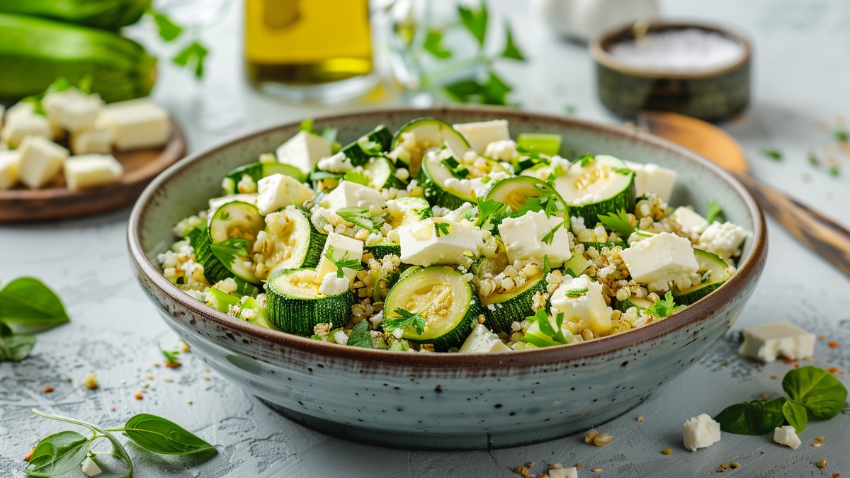 Zucchini-Bulgur-Salat in heller Schüssel.