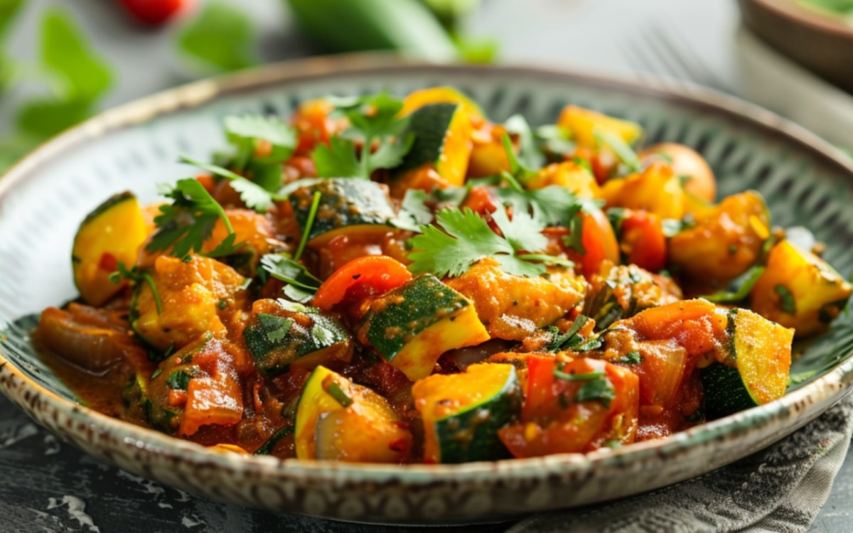 Zucchini-Curry mit Tomaten und Koriander auf Teller.