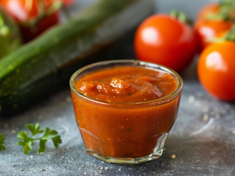 Ein Schälchen Zucchini-Ketchup. Drumherum liegen frische Zutaten.