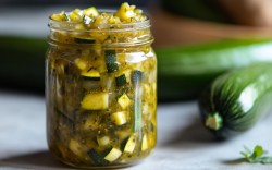 Ein Glas Zucchinirelish. Im Hintergrund sind Zucchini zu sehen.