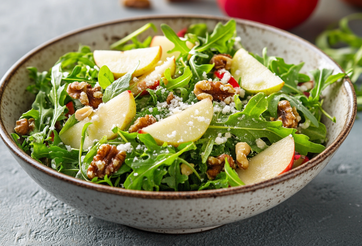 Eine Schale Apfel-Rucola-Salat mit Walnüssen und Parmesan.