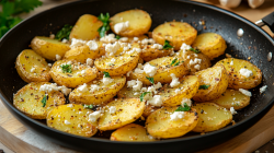 Eine Pfanne mit Bratkartoffeln mit Feta und Oregano, Nahaufnahme.