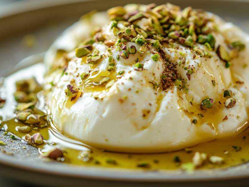 Ein Teller mit Burrata mit Honig und Pistazien. Nahaufnahme.