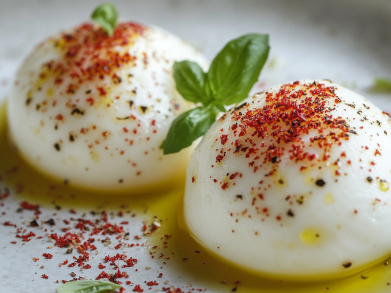 Caprese mit gefrorenen Tomaten: 2 Mozzarella-Kugeln auf einem Tellern, garniert mit Öl, Salz, Pfeffer und geriebenen, gefrorenen Tomaten.