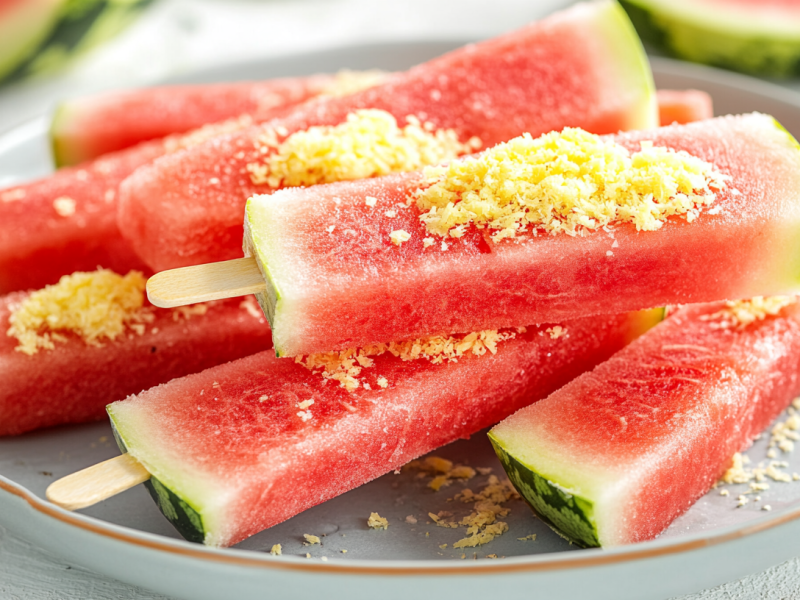 gefrorene Wassermelonen-Lollis mit Zitronenabrieb bestreut auf einem Teller.