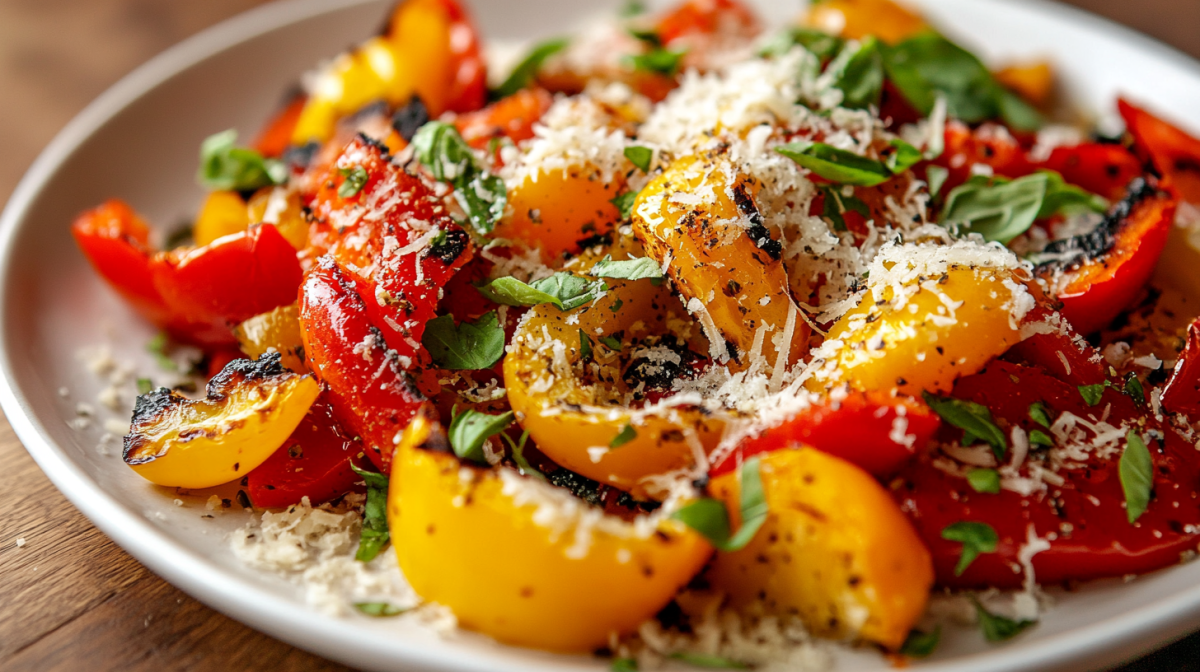 Gegrillter Paprikasalat mit Parmesan und Basilikum auf einem Teller, Nahaufnahme.