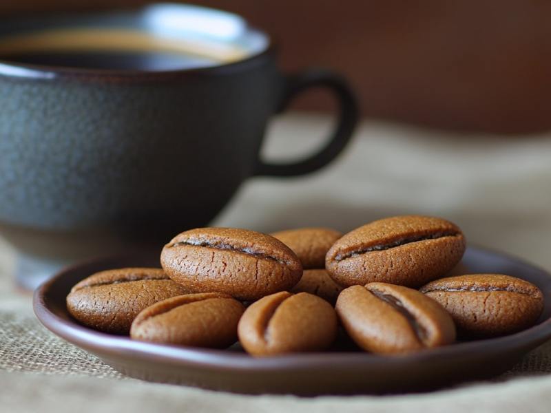 Ein Teller Kaffeebohnenkekse neben einer Kaffeetasse.