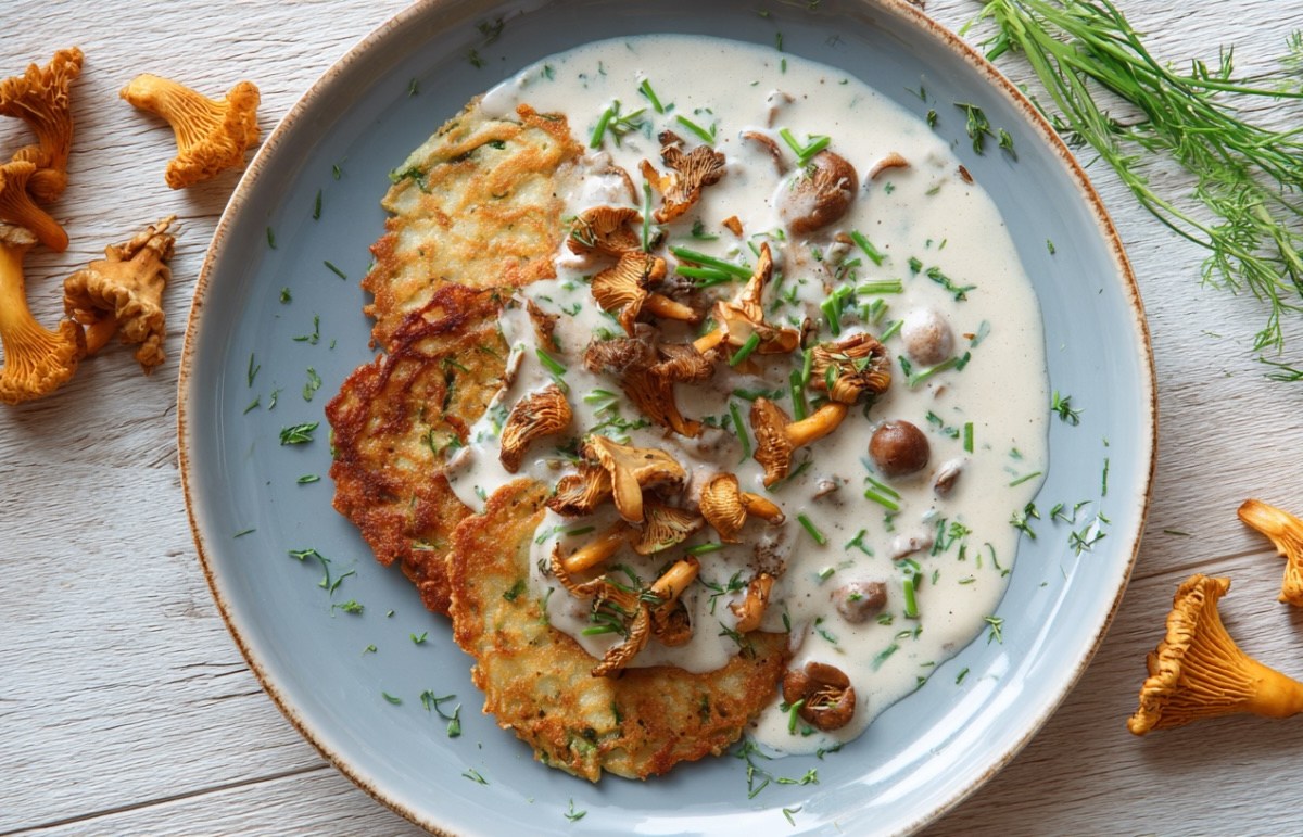 Kartoffelpuffer mit Pfifferling-Rahmsoße auf einem Teller in der Draufsicht, daneben Kräuter und Pfifferlinge.