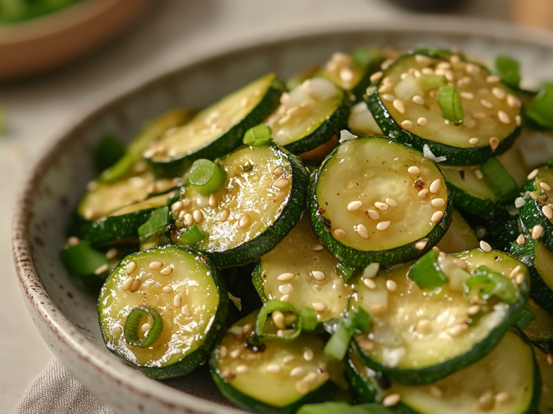 Koreanischer Zucchinisalat Hobak Bokkeum mit Sesam und Frühlingszwiebeln in einer Schüssel.