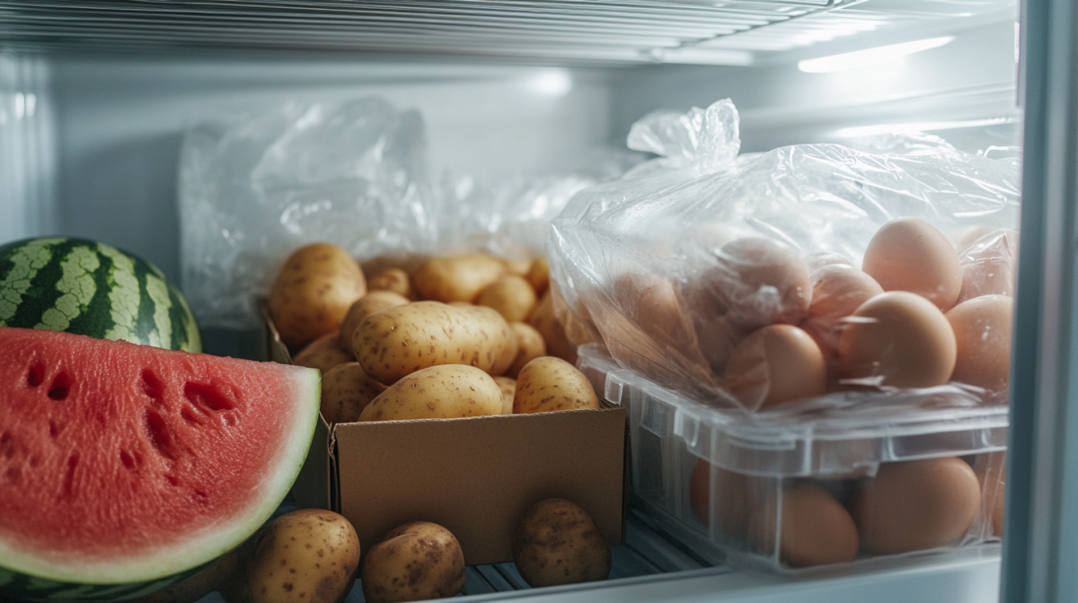 Lebensmittel nicht einfrieren: Ein Gefrierfach, in dem Kartoffeln, Eier und Wassermelone liegen.