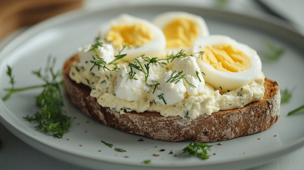 Ein Sandwich mit Ei und Feta-Creme, bestreut mit Dill.