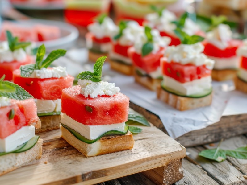 Wassermelonen-Feta-Häppchen auf einem Tisch