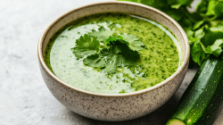 Eine Schüssel mit Zucchini-Gazpacho, garniert mit Koriander, daneben eine Zucchini und Koriander.