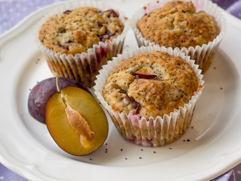 Drei Zwetschgen-Mohn-Muffins auf einem Teller