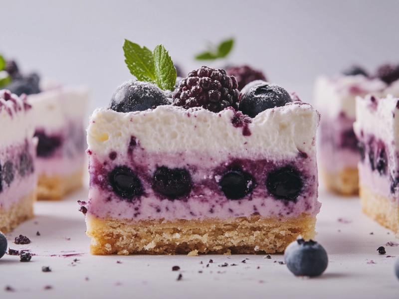 Blaubeer-Zitronen-Schnitten mit Biskuit, Blaubeer- und weißer Creme, garniert mit Beeren.