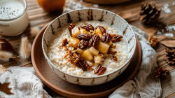 Schale mit Frühstücksbrei mit karamellisierten Äpfeln