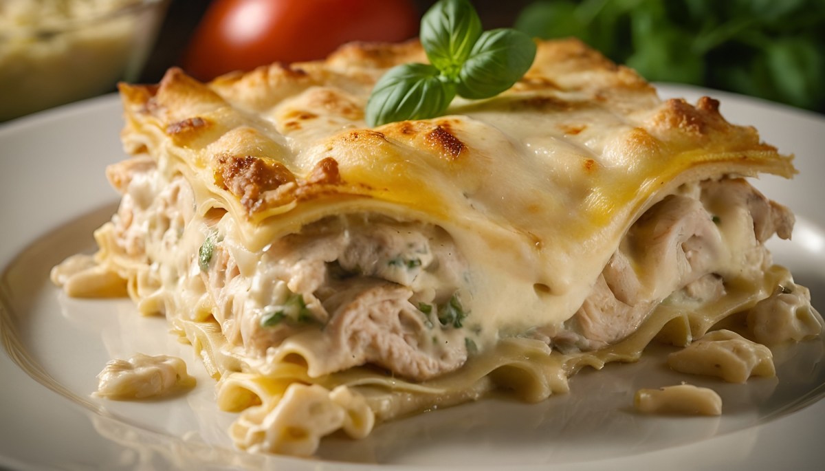 Teller mit einem Stück Hähnchen-Lasagne Alfredo