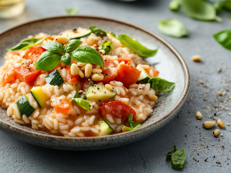 Teller mit Risotto mit mediterranem Gemüse