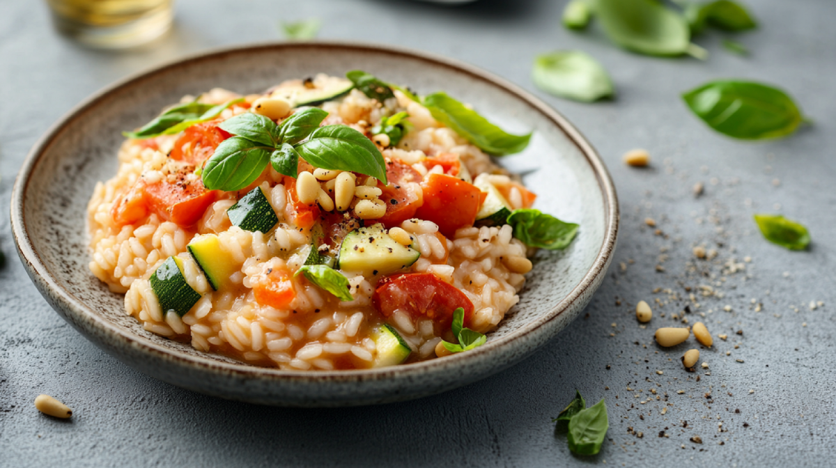 Teller mit Risotto mit mediterranem Gemüse