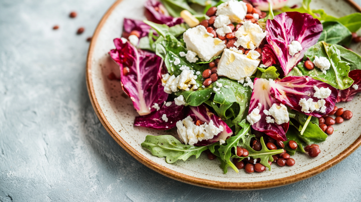 Ein Teller Rucola-Radicchio-Salat mit Linsen und Fetawürfeln. Nahaufnahme.