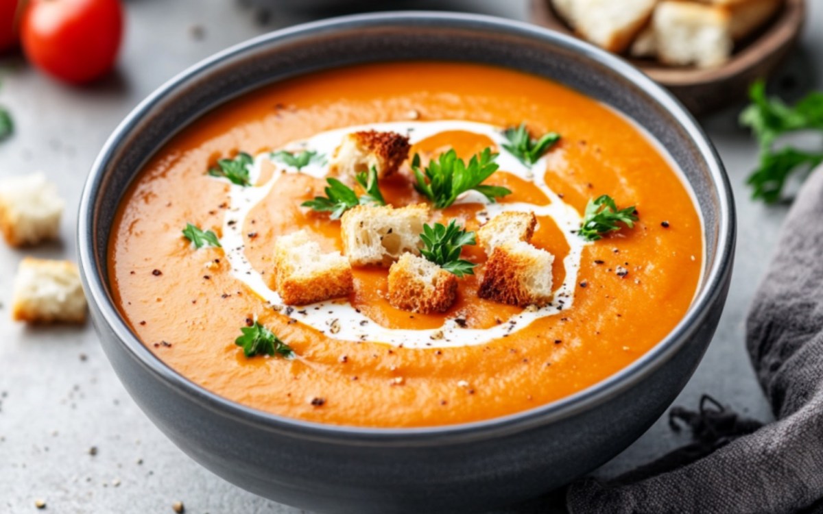 Eine Schüssel Süßkartoffel-Tomaten-Suppe mit Croûtons.