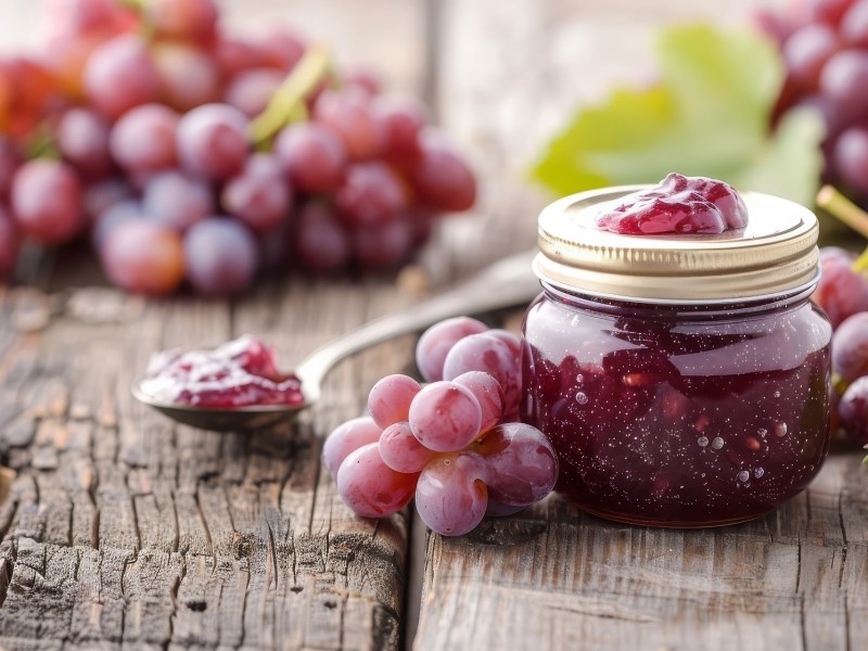 Glas mit Traubenmarmelade und Weintrauben daneben