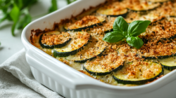 Zucchini-Gratin mit Semmelbröseln in weißer Auflaufform, Nahsicht.