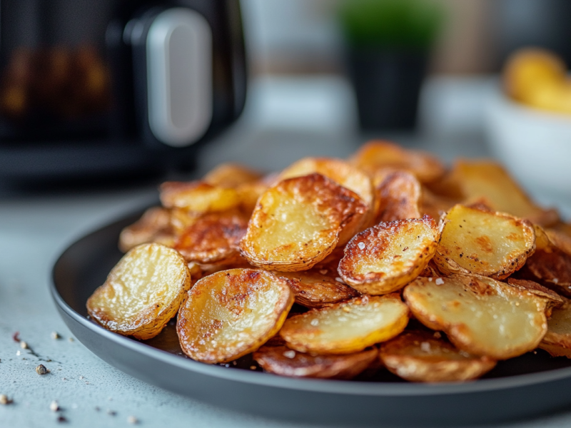 Bratkartoffeln aus dem Airfryer auf einem Teller. Im Hintergrund steht ein Airfryer.