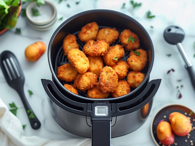 Chicken Nuggets aus der Heißluftfritteuse: ein Korb mit Chicken Nuggets steht auf einem Tisch mit Tischdecke.