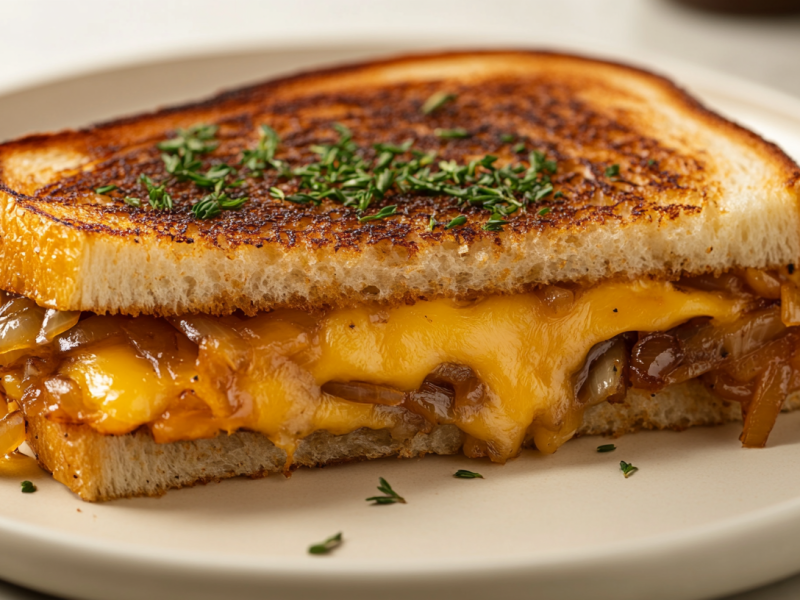 Grilled-Cheese-Sandwich mit Balsamico-Zwiebeln auf einem Teller, bestreut mit Kräutern.