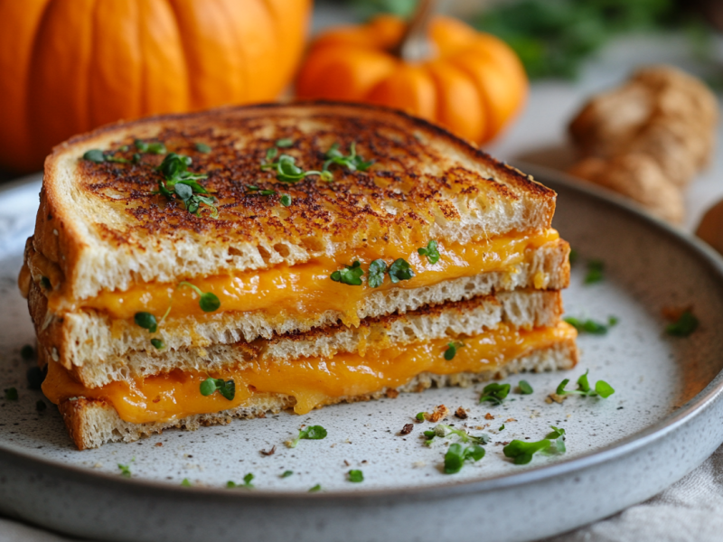 Grilled-Cheese-Sandwiches mit Kürbiscreme auf einem Teller.