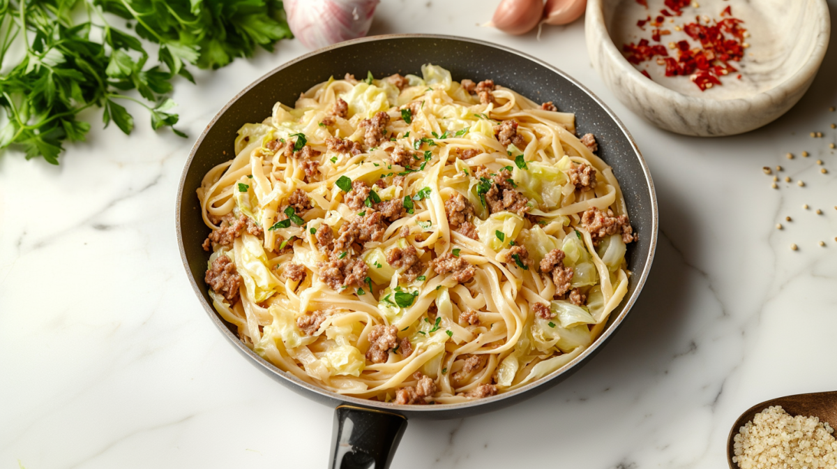 Hackfleisch-Kohl-Pfanne mit Nudeln, daneben frische Petersilie, Knoblauchzehen und einige weitere Zutaten.