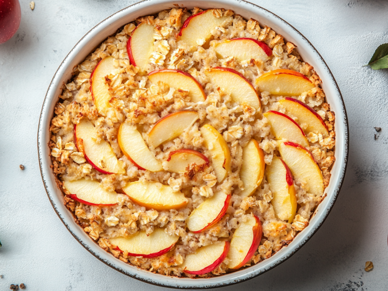 Eine Auflaufform mit Haferflocken-Apfel-Auflauf.