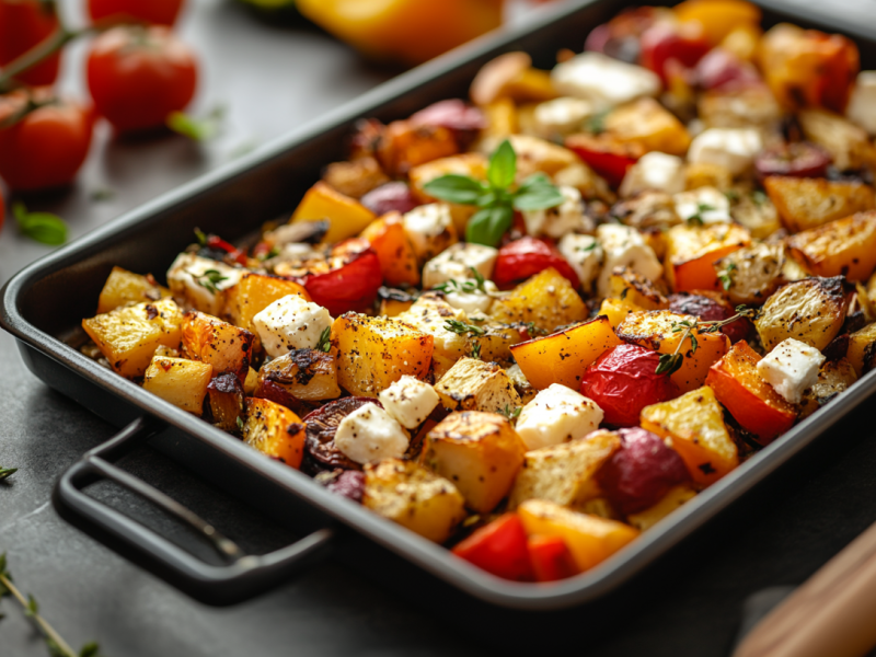 Herbstliches Ofengemüse mit Feta auf einem Blech.