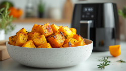 Eine Schüssel Kürbis aus dem Airfryer, dahinter unscharf zu erkennen eine Heißluftfritteuse.