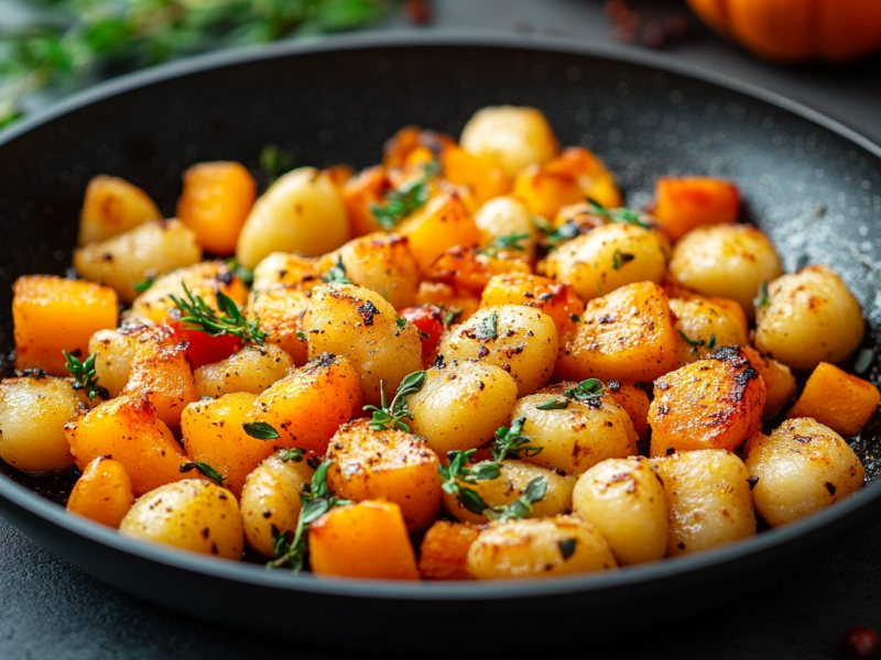 Kürbis-Gnocchi-Pfanne mi Kräutern in einer Pfanne.