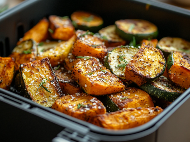 Parmesan-GemÃ¼se aus dem Airfryer mit KrÃ¤utern garniert, Nahaufnahme.