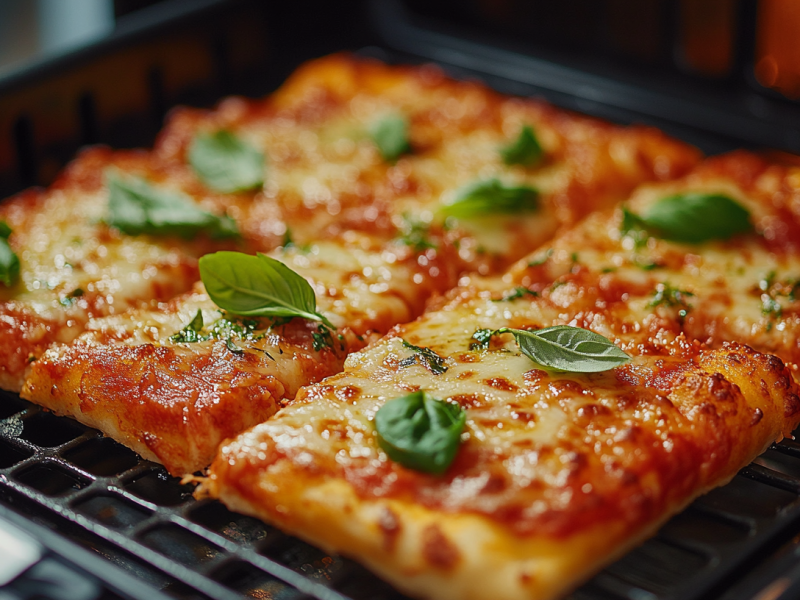 In Stücke geschnittene Pizza aus dem Airfryer, belegt mit Käse und Basilikum.